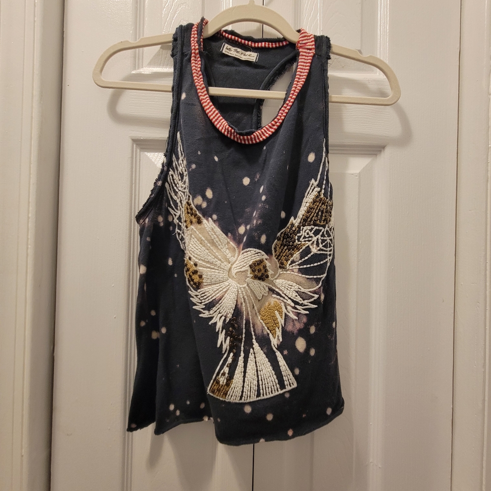 We The Free Navy and White Embroidered Embellished Distressed Tank Top